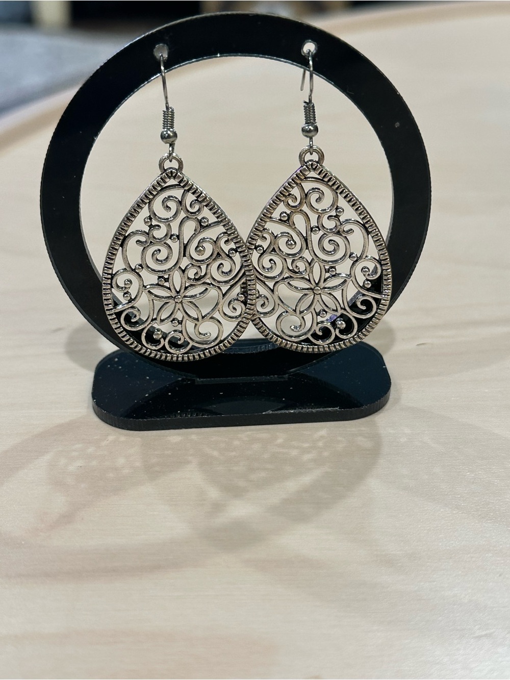 Silver-Tone Filigree Floral Teardrop Earrings